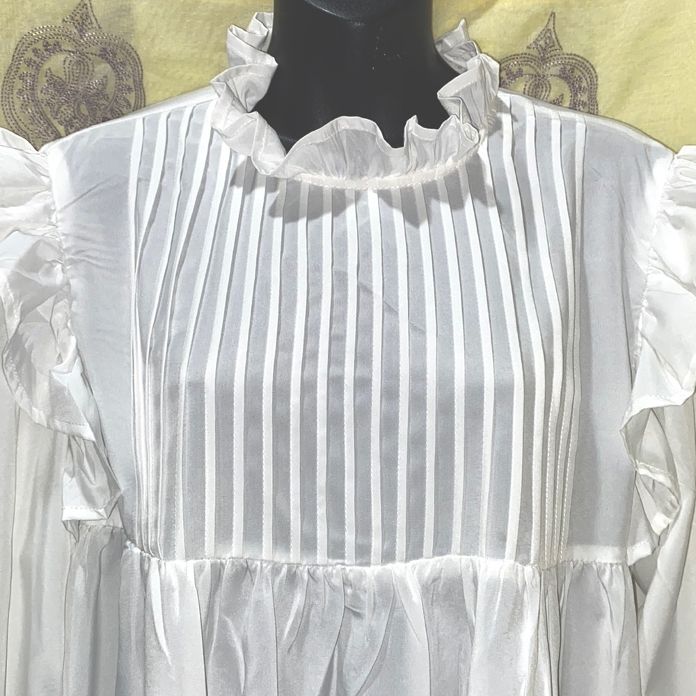 PRETTYLITTLETHING LONG SLEEVE WHITE RUFFLE-COLLAR/CUFF DRESS SZ 10 - Picture 2 of 14